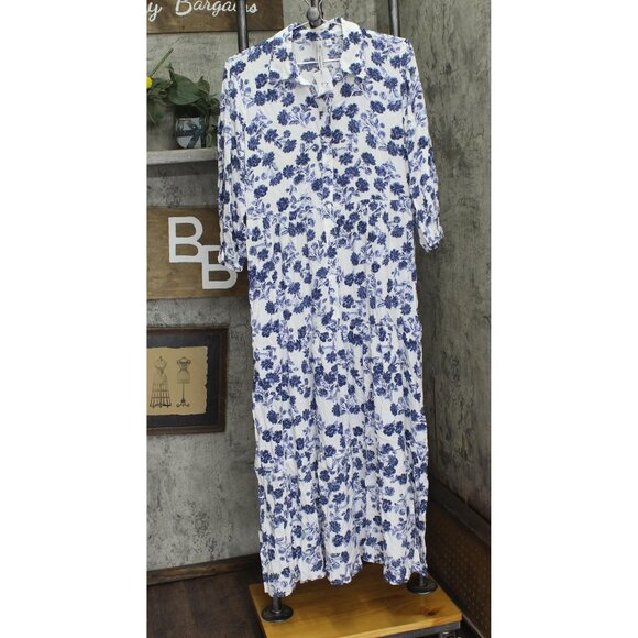 NWT Ny Collection Petites Crinkle Tiered Maxi Dress PCOD0984 Blue / White PL - Picture 2 of 5